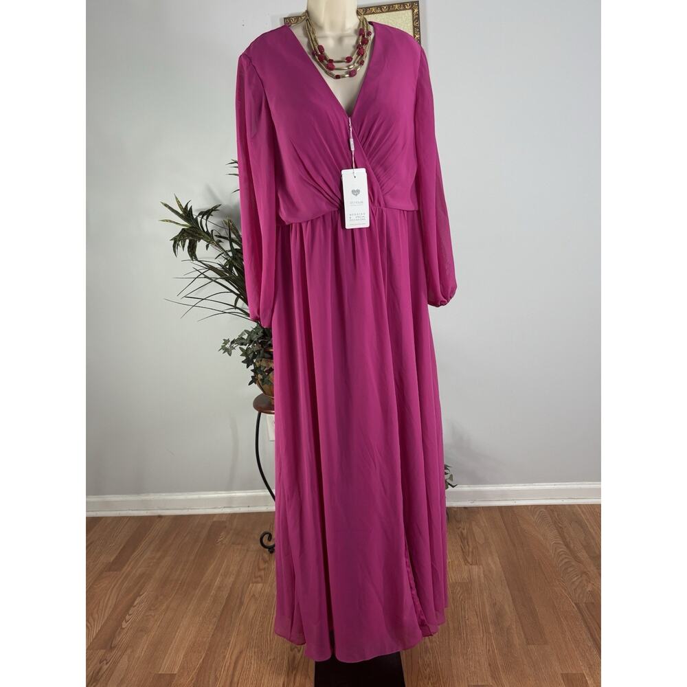 JJ’S House Woman Dress 14 Long Sleeve Lined Rushed V-Neck Fuchsia Bridesmaids